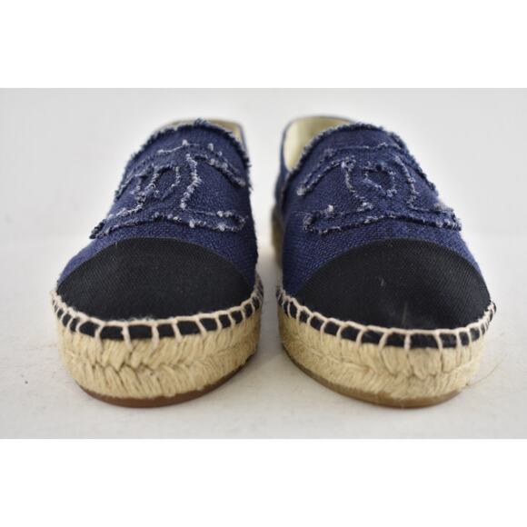 Chanel REV Blue Black Linen Canvas CC Logo Double Sole Espadrille Flat 37 RARE - Picture 7 of 14